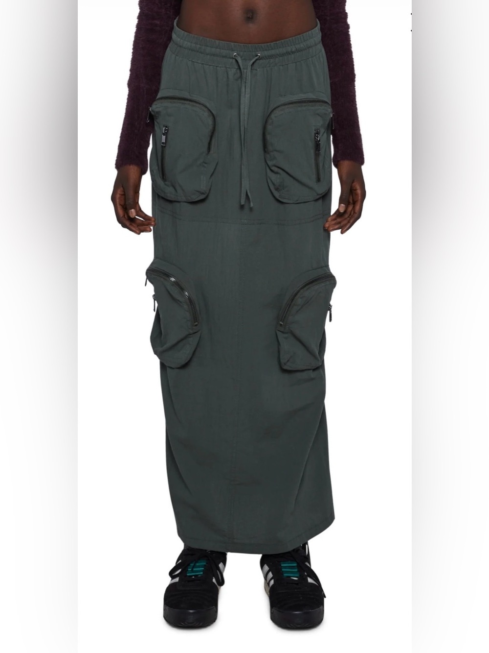 “Current Mood for Dolls Kill” CLIMB THE RANKS cargo maxi skirt; sz L; army green